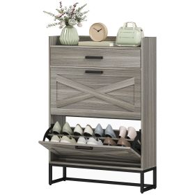 HOMCOM Slim Shoe Organizer Cabinet 2 Flip Drawers Distressed Gray for 12 Pairs